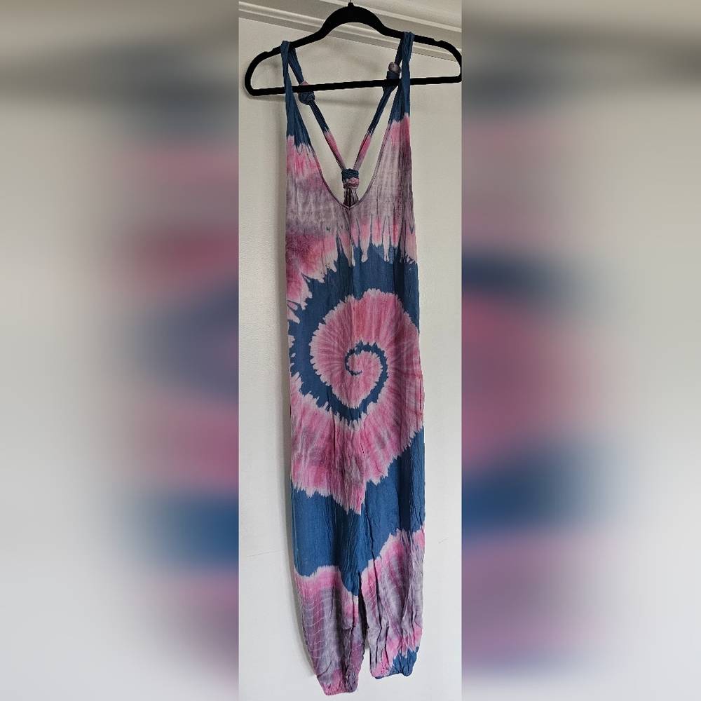 Deep V-Neck Sleeveless Racerback Blue & Pink Harem Jumpsuit | One Size